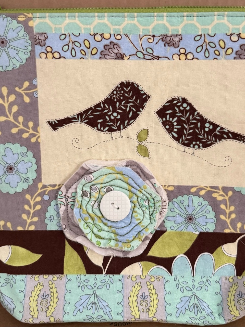 Handmade Birds Applique Cosmetic Bag in Aqua, Brown & Lime